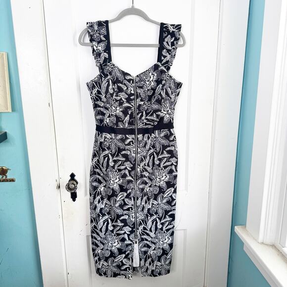 Joseph Ribkoff Zip Front Black White Floral Shift Bodycon Ruffle Dress NEW 10 - Picture 3 of 16